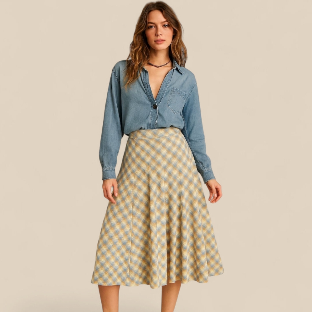 Molly Green Plaid Pleated Midi Skirt Sz L Neutral Fall Preppy Academia Aesthetic